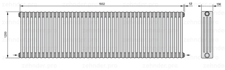 Схема (чертеж) Радиатор Zehnder Charleston 4120/42 №2670 Белый глянцевый RAL 9016